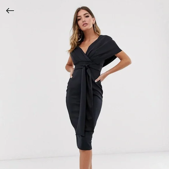asos design fallen shoulder midi pencil dress with tie detail Rent ASOS DESIGN Tall Plunge Neck Dropped Shoulder Pencil Midi Dress In  Forest Green main image 1
